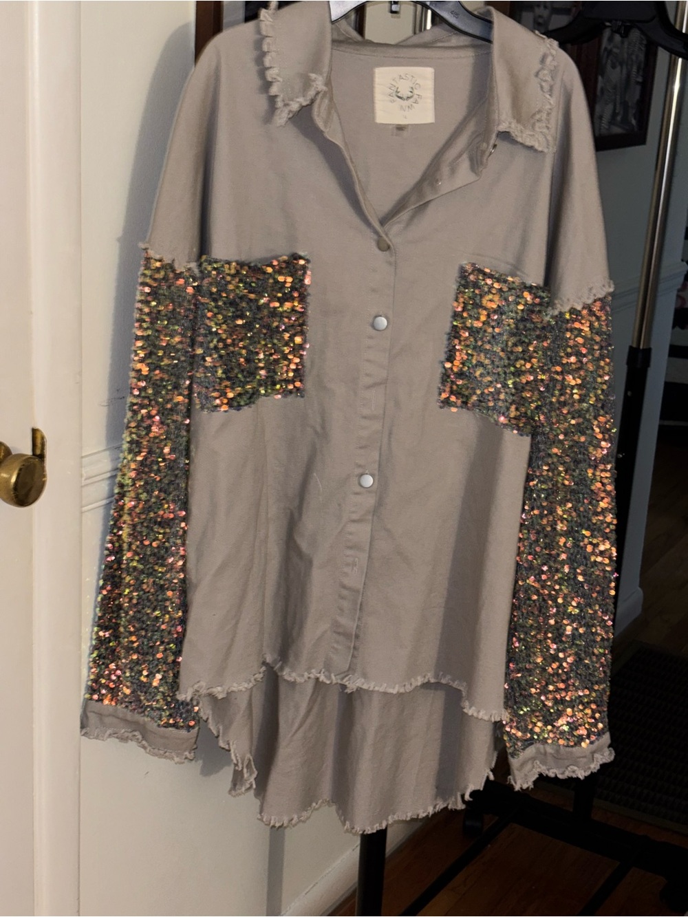 Fantastic Fawn Sequined Sleeve Light Gray Button-Up Jacket